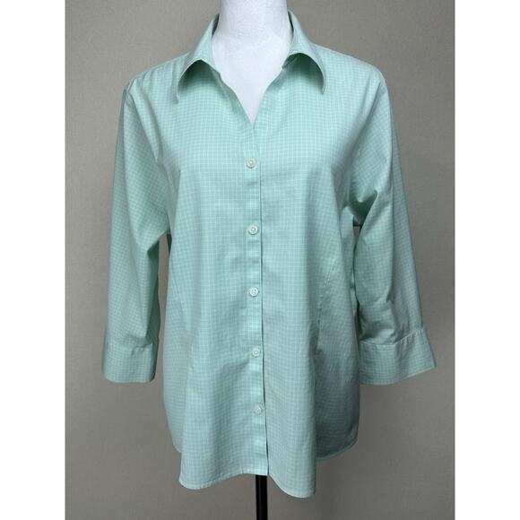 Eddie Bauer wrinkle resistant 3/4 sleeve button up green & White Women’s XL - Picture 1 of 16